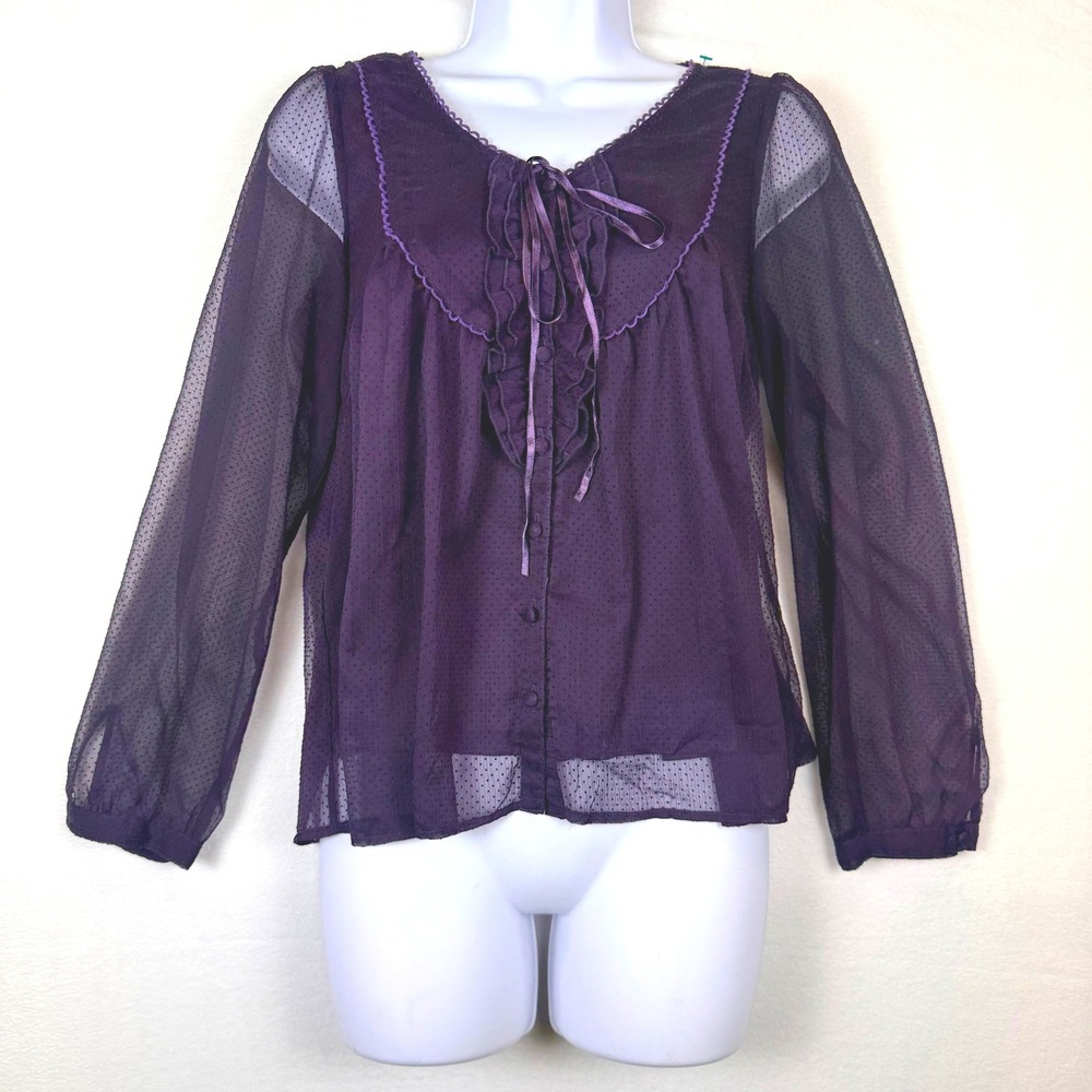Purple Swiss Dot Chiffon Ruffle Blouse‎ Coquette Fairycore M  Japanese VTG Sheer